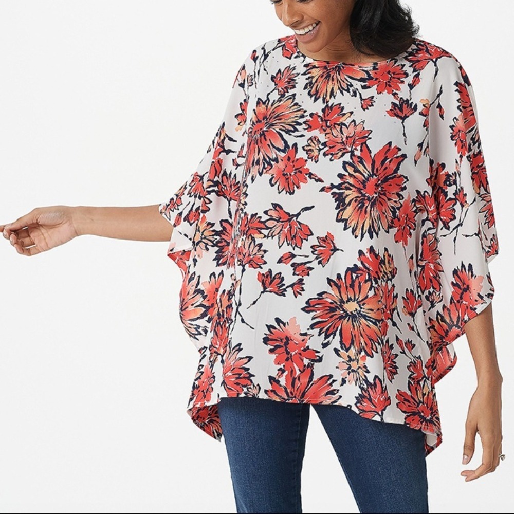 Quacker Factory Floral Print Embellished Sparkle Caftan Poncho Top 1X